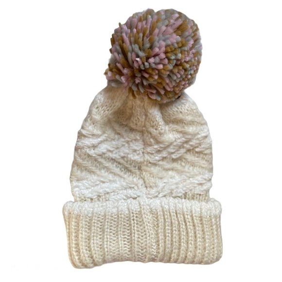 Women’s Chenille Striped Multi Pom Beanie Ivory - Picture 2 of 2